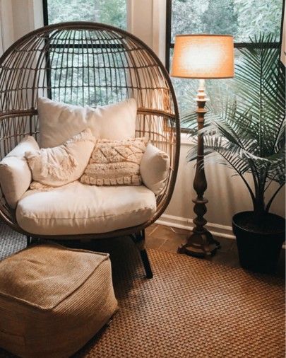 Basket Chair Living Room, Egg Chair With Ottoman, Wicker Egg Chair Living Room, Egg Chair Decoration Ideas, Egg Chair Living Room, Boho Floor Lamp, Yoga Corner, Nest Chair, Basket Chair