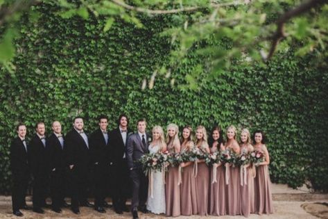 Desert Rose Wedding Party, Black Suit Wedding Color Combos, Mauve And Black Wedding, Desert Rose Wedding, Dusty Rose Wedding Colors, Wedding In California, Wedding Color Combos, Black Suit Wedding, Bird Wedding