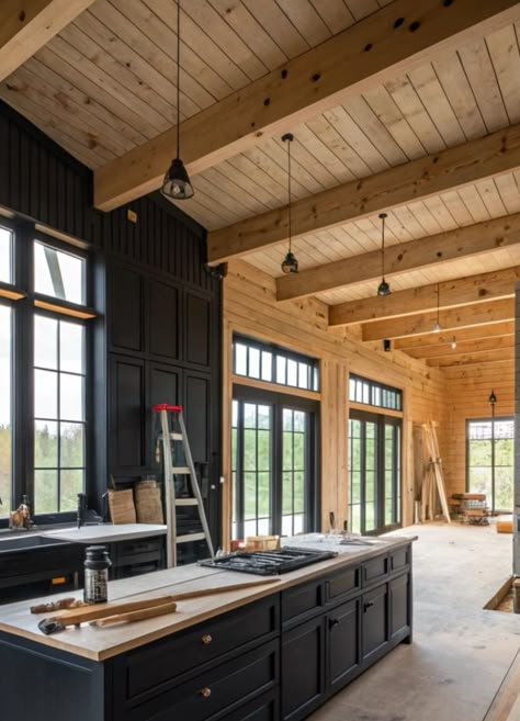 Barndo Entryway, Black Ceiling Barndominium, Shiplap Barndominium, Black Interior Barndominium, Moody Barndominium Interior, Moody Barndominium, Black Barndominium Interior Ideas, Black Barndominium Interior, Black Wood Ceiling