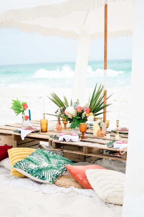 Tropical themed birthday picnic on Pensacola beach Luxury Picnic, Birthday Picnic, Tropical Boho, Boho Beach Wedding, Pensacola Beach, Beach Picnic, Gulf Coast, Boho Beach, Tropical Beach