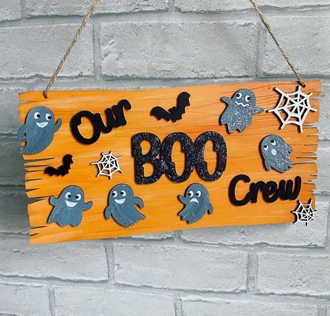 Our Boo Crew - Ghost Halloween Hanging Plaque   Lovely Halloween Decoration for the home. Hand painted and decorated with glitter and embellishments.   Dimensions Plaque : 30cm x 15cm 3mm MDF All of our products are hand made to order using the highest quality materials.  These items are intended as decorations and are not for play.  Children should be supervised at all times.  Small parts may present a choking hazard if they become loose. Hairstylist Decor, Mason Jar Halloween Crafts, Elf Decorations, Halloween Party Dinner, Ghost Decoration, Boo Crew, Decoration Halloween, Fall Halloween Crafts, Fall Halloween Decor