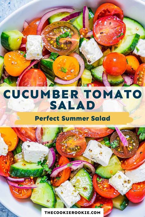 This cucumber tomato salad recipe is so fresh and simple. It’s filled with cucumbers, cherry tomatoes, red onion, and feta, and tossed in a lemon olive oil dressing. It’s the perfect healthy summer salad for every occasion! Lemon Olive Oil Dressing, Cucumber Feta Salad, Tailgate Recipes, Tomato Salad Recipe, Vegetable Salads, Cherries Salad, Carb Sides, Feta Salad Recipe, Cherry Tomato Salad