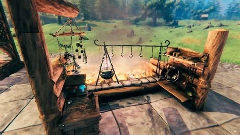 Valheim Treehouse, Valheim Kitchen, Valhiem Ideas, Valheim Builds, Fire Mage, Viking House, Farm Layout, Survival Games, Nordic Home