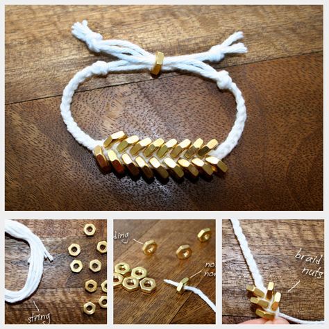 Hex Nut Jewelry, Hex Nut Bracelet, Nut Bracelet, Diy Fashion Trends, Hardware Jewelry, Rock Vintage, Diy Braids, Hex Nut, Pulseras Diy