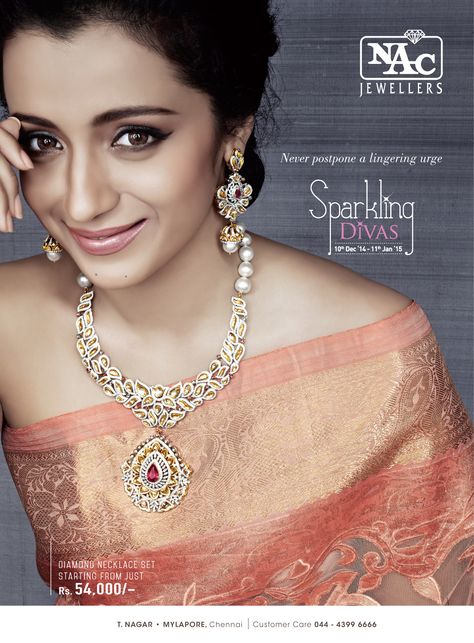 NAC Jewellers 'Sparkling Divas' Nac Jewellers, Fine Jewelery, Blouse Design Models, Emerald Necklace, Jewellery Design, Jewellery Designs, Indian Jewellery, Print Ads, Blouse Design