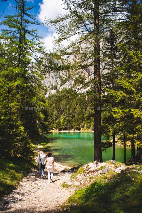 Green Lake landscape in Styria, Austria. Gruner See place to visit tourist destination. by IciakPhotos. Green Lake, Styria, ¨C Austria.16.05.2017: Gruner See place to visit, tourist destination. Vertical photo two young gi... #Sponsored #Gruner, #Austria, #visit, #place Styria Austria, Green Lake, Lake Park, Lake Landscape, Place To Visit, Scenery Wallpaper, Tourist Destinations, Austria, Places To Visit