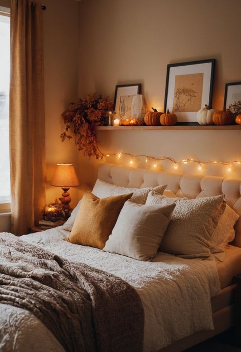 Fall is here, and it’s time to cozy up your bedroom to match the changing season!  As the leaves turn golden and the air gets … Autumnal Bedroom Ideas, Bedroom Ideas For Fall, Pumpkin Bedroom, Fall Themed Bedroom, Fall Room Inspiration, Fall Bedroom Aesthetic, Fall Apartment, Autumn Bedroom, Fall Decor Bedroom