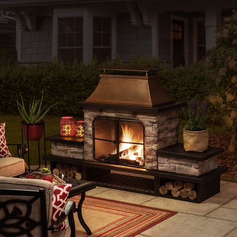 Canora Grey Quillen Steel Wood Burning Outdoor Fireplace & Reviews | Wayfair Outdoor Wood Burning Fireplace, Fireplace Kits, Outdoor Fireplace Patio, Backyard Fireplace, Wood Pergola, Into The Wood, Wood Burning Fires, Patio Gazebo, Wood Patio