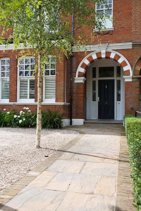 Front Drive Landscaping, Victorian House Driveway Ideas, 1930 Garden Design, Terrace House Driveway, Front Path Ideas, 1930s Front Garden, Front Garden Tiles, Front Garden London, Terraced House Driveway