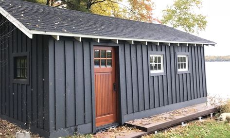 Board and batten siding installation on our boathouse. #exterior #exterior #siding Board And Batten Diy, Batten Diy, Diy Exterior, Board And Batten Exterior, Garden Cabins, Vertical Siding, Fiber Cement Siding, Cement Siding, Installing Siding