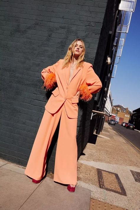 Formal Orange Pants For Spring, Chic Orange Formal Pants, Chic Formal Orange Pants, Orange Formal Bottoms For Spring, Orange Spring Pantsuit For Work, Orange Spring Pantsuit For Workwear, Tailored Wide Leg Pants For Spring Party, Peach Clothes, Uni Fashion