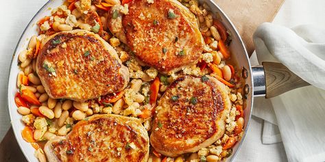 Skillet Pork Chops and Beans Recipe | Real Simple Pork Chops And Beans Recipe, Pork Chops And Beans, Skillet Suppers, Pork Menu, Baked Clams, Pork Ideas, Easy Easter Dinner, Skillet Pork Chops, One Skillet Meals