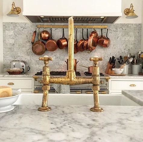 Yes, unlacquered brass will age...but in the very best way. The patina on our Easton faucet in a kitchen by @annleefuller gives it an… Kitchen Faucet Ideas, 1970 Kitchen, Unlacquered Brass Kitchen, Unlacquered Brass Kitchen Faucet, Waterworks Kitchen, Unlacquered Brass Hardware, Unlacquered Brass Faucet, Brass Kitchen Faucet, Brass Sink