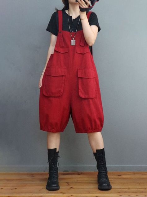 Style: Street Material: Cotton Pattern: Solid Color Length: Half length Decoration: Pocket Closure Type: Pullover Silhouette: Loose Gender: Female Season: Summer #overalls #shorts #cotton #beachwear Alternative Japanese Fashion, Red Clothes Outfits, Red Overalls Outfits, Gothic Overalls, Quirky Summer Outfits, Amab Enby Fashion, Cute Female Outfits, Dark Red Jumpsuit, Rompers Outfit