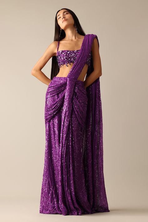 Buy Purple Lycra Embroidered Sequins Bertha Pre-pleated Saree With Blouse For Women by Deme X Kalki Online at Aza Fashions. Saree For Sangeet, Festive Purple Embellished Saree, Festive Purple Pre-draped Saree, Purple Bollywood Style Pre-draped Saree With Sequins, Purple Embellished Pre-draped Saree, Purple Sequined Bollywood Pre-draped Saree, Indian Reception Outfit, Modest Winter Outfits, Pleated Saree