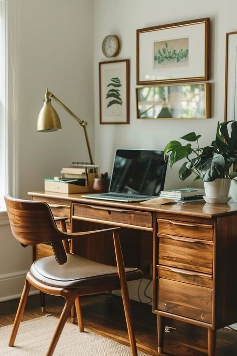 Small Living Room Workspace Desk Ideas, Cozy Home Office Small, Therapy Office Waiting Room, Earth Tone Office, Mid Century Office Ideas, Washrooms Ideas, Mid Century Office Decor, Midcentury Modern Office, Writer's Office