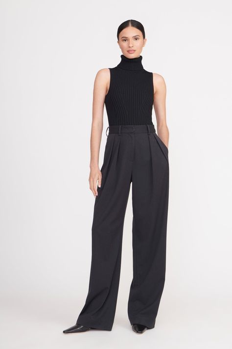 An essential wide leg pleated trouser, the Luisa Pant features two side pockets and a hook and zip closure. This style completes a suit when worn with the matching City Blazer. Turtleneck Sleeveless Outfit, Turtleneck Top Outfit, Sleeveless Turtleneck Outfit, Wide Leg Trousers Outfit, Sleeveless Turtleneck Top, Turtleneck Outfit, Rib Knit Fabric, Sleeveless Turtleneck, Turtleneck Top