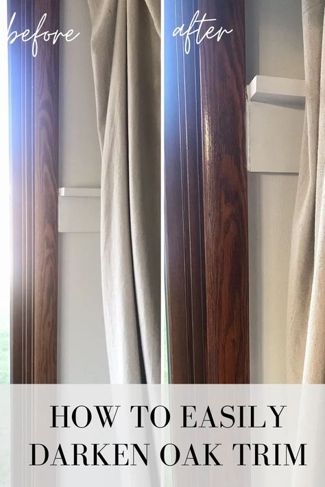 Feeling stuck with orange-colored trim because it's not your style and/or doesn't match your home? There's a way to change it without having to replace it all OR paint! Check out this post to get a super easy way to change the color of your orange oak trim and update your home! #updateoaktrim #updatetrim Wood Trim Makeover, Update Oak Trim, Orange Oak Trim, Window Trim Styles, Honey Oak Trim, Stained Wood Trim, Oak Mantle, Oak Windows, Stained Trim