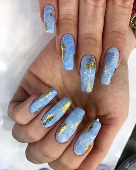 Blue Marble Nails With Gold Flakes, Marble Nails With Gold Flakes, Marble Nails With Gold, Nails With Gold Flakes, Blue Marble Nails, Nails With Gold, Nail Board, Galaxy Nails, Shellac Nails