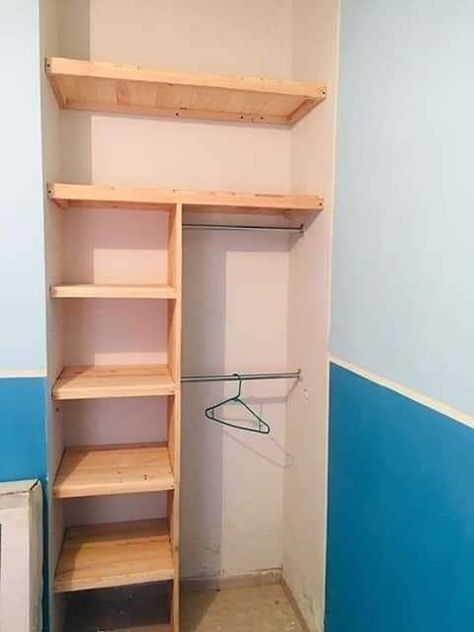 No Closet Solutions Bedroom Small Spaces Wall Shelves, Hall Closet Built In Shelves, Homemade Closet Ideas Small Spaces, Ideas Para Hacer Closet Caseros, Mini Closet Ideas Small Spaces, Diy Small Closet Organization, Very Small Closet Ideas Bedrooms, Wooden Closet Shelves, Homemade Closet