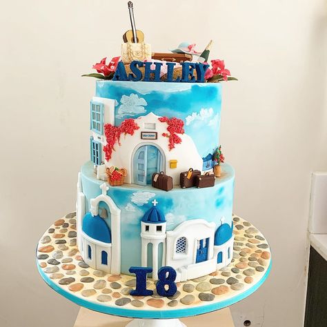 Greece Birthday Party Ideas, Mama Mia Cake, Mamma Mia Cake, Santorini Party, Baking Birthday Cake, Latest Birthday Cake, Seventeenth Birthday, 17 Birthday, Moms 50th Birthday