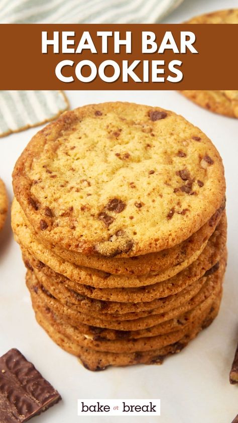 Buttery bits of toffee make these Heath bar cookies impossible to resist! This is the kind of easy cookie recipe you’ll make again and again. Heath Bar Cookies Recipe, Toffee Bits Recipe, Heath Cookies, Heath Bar Cookies, Chocolate Toffee Bars, Homemade Oreos, Heath Bar, Peanut Butter Caramel, Chocolate Cobbler