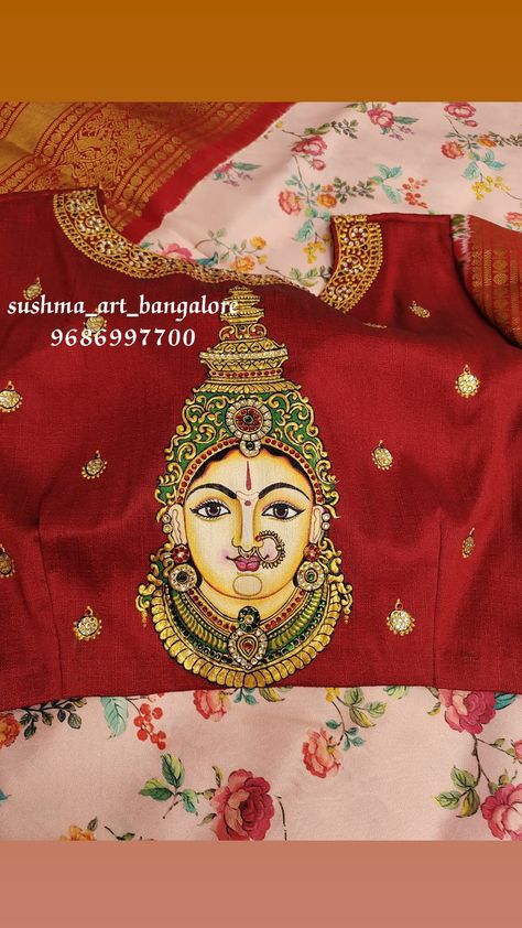 Durga Painting On Blouse, Thanjavur Painting On Blouse, Tanjore Painting On Blouses, Tanjore Painting On Fabric, Painting On Blouse, Painting Blouses, Blouse Painting, Thanjavur Painting, Fabric Colour Painting