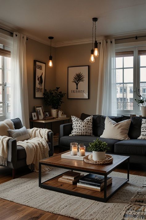 Furnished Apartment Decorating, Grey Aesthetic Living Room, Cozy Living Room Designs Inspiration, Living Room Inspo Apartment, Small Apartment Decorating Cozy, Simple Cozy Living Room, Apartment Themes, Apartment Living Room Inspiration, Living Room Inspiration Apartment