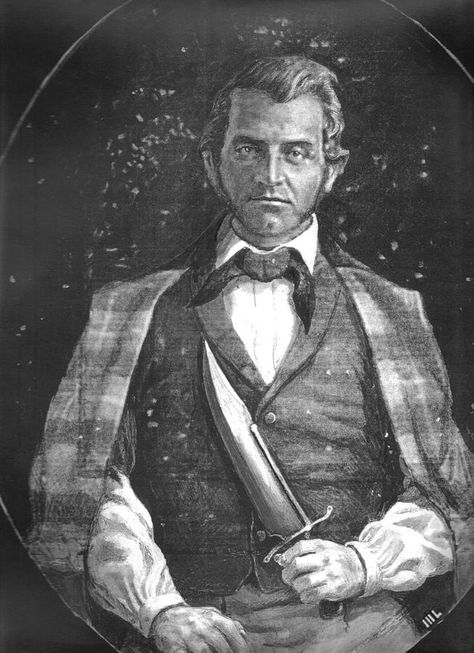 Jim Bowie, American pioneer and hero, and his signature knife. Born in Kentucky, Bowie lived in Louisiana and died at the Alamo. Battle Of The Alamo, James Bowie, Jim Bowie, Texas Revolution, Old West Photos, Wilde Westen, Into The West, American Frontier, The Alamo