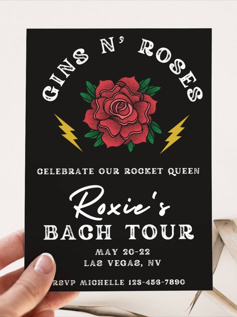 Are you an alternative rock chick bride who loves Guns N Roses? Then our bachelorette invite is just for you. Your friends will love this play on your favourite band and sets the rock vibe for your celebrations. #gunsnroses #rockbride #alternativebride Bachelorette Invites, Bachelorette Invite, Bachelorette Invitation, Alternative Bride, Bachelorette Invitations, Rock Chick, Rose Party, Itinerary Template, Invite Template