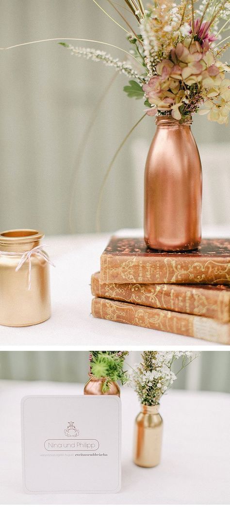 Rose Gold Vase, Bronze Wedding, Copper Wedding, Gold Vases, Wedding Centerpieces Diy, Gold Diy, Copper Rose, Diy Centerpieces, Bottle Painting