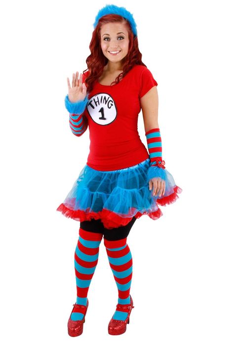 Cat In The Hat Thing 1 or Thing 2 Tutu Adult Costume from BirthdayExpress.com Seuss Costumes, Dr Seuss Costumes, 3 People Costumes, Tutu Dress Costumes, Striped Knee High Socks, Thing 1 And Thing 2, Dr Seuss Week, Running Costumes, Read Across America