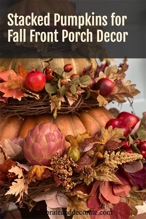 Creative Stacked Pumpkins for Fall Front Porch Decor Pumpkin Stack Front Porches, Pumpkin Topiary Front Porches, Stackable Pumpkins For Front Porch, Stacked Pumpkins Porch, Stacked Pumpkins Diy, 3 Pumpkins Stacked, Pumpkin Topiary Diy, Fall Urn, Pumkin Decoration