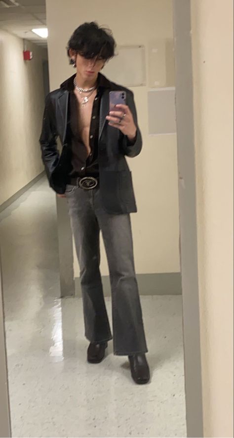 Men’s Western Aesthetic, Men Fashion 70s Style, 1970s Fashion Mens Glam Rock, Grunge Prom Outfit Men, Aesthetic Prom Outfit Men, Y2k Formal Outfit Men, 70s Man Fashion, 70s Rockstar Fashion Men, 70 Style Outfits 70s Fashion Men