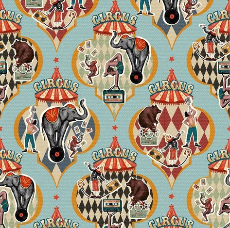 Everyday objects that inspire conversation - this weeks @spoonflower challenge prompt. Vintage music stuff taken out of context and replacing circus show gadgets - I would definitely comment on a wall with this theme 🥸 … here is my slightly surreal entry 🙃 #spoonflowerchallenge #design #surfacepatterndesign #wallpaper #fabric #stoffdesign #patterndesign #aboutpattern Circus Pattern, Circus Christmas, Vintage Circus Theme, Circus Background, Circus Show, Circus Circus, Circus Theme, Wallpaper Fabric, Vintage Circus