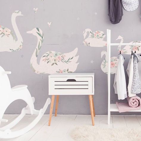 New floral swan decals. Direct message to order Roses Nursery, Styled Bedroom, Girl Number, Nursery Art Decor, Swan Princess, Watercolour Flowers, Fabric Hearts, Eco Fabric, Princess Room