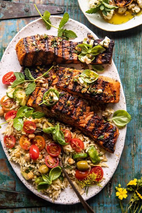 Half Baked Harvest Greek, Half Baked Harvest Salmon, Orzo Summer Salad, Salmon Greek, Summer Salmon Recipe, Kitchen Swagger, Greek Salmon, Cilantro Lime Salmon, Parmesan Salmon