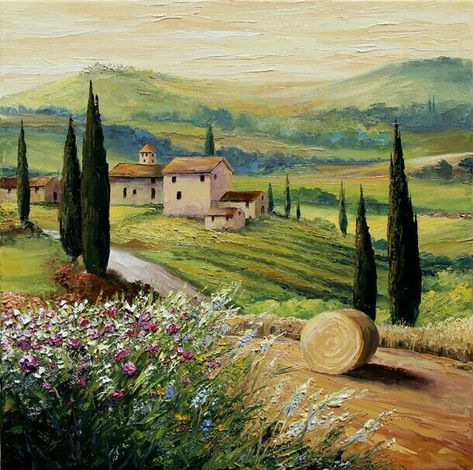 Tuscany Paintings, Landscape With Flowers, Tuscan Art, Tuscany Landscape, Tuscan Landscaping, Italy Landscape, Italy Painting, Italian Landscape, Italian Countryside