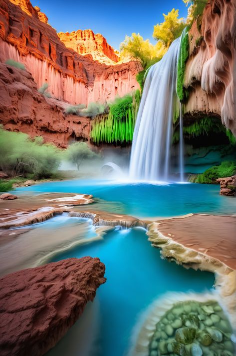 Havasu Falls' beauty is unreal! Turquoise waters, red rock canyons, and ethereal light create a magical scene. #HavasuFalls #TravelGoals #NaturePhotography Canyon Waterfall, Ethereal Blue, Havasu Falls, Red Rock Canyon, Afternoon Light, Turquoise Water, Long Exposure, Red Rock, Ultra Hd