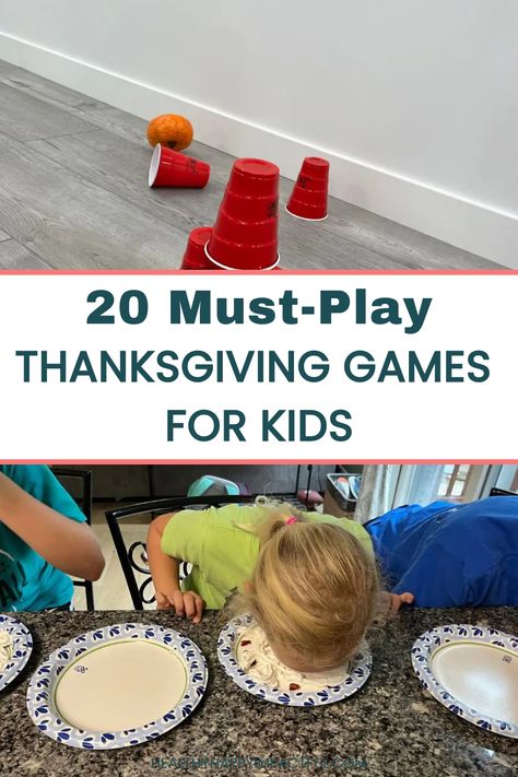 Children playing a stacking cups game and participating in a pie-eating contest as part of Thanksgiving activities. Thanksgiving Activity Days Ideas, Pin The Feather On The Turkey Game, Potluck Games Fun Party Ideas, Games Minute To Win It, Games For Groups Of People, Thanksgiving Carnival Games, Thanksgiving Fun Activities For Kids, Funny Games For Groups Kids, Thanksgiving Games For School