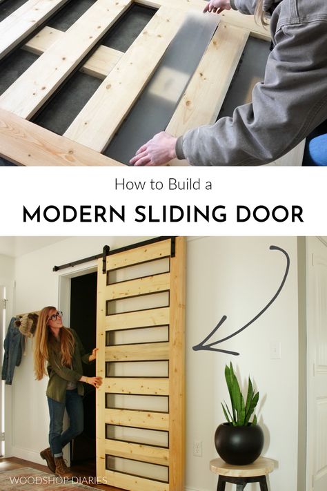 Diy Glass Panel Door, Diy Glass Door, Sliding Door With Glass, Woodshop Diaries, Modern Sliding Door, Laundry Room Door, Basement Finish, Diy Sliding Door, Wooden Sliding Doors