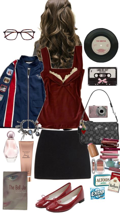 Red outfit. Cherry girl. Lana del Rey aesthetic. What’s in my bag. Red Bag Outfit, England Outfits, Lana Del Rey Outfits, Lana Del Rey Aesthetic, Street Style Outfits Casual, Cherry Girl, Rey Aesthetic, In My Bag, My Bag