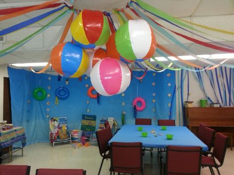 VBS Craft Room Pool Party Vbs Decorations, Vbs Beach Crafts, Lava Lava Luau Vbs Decorations, Vbs Beach Theme, Lava Lava Luau Vbs, Vbs Beach Theme Decorations, Beach Vbs Decorations, Beach Theme Vbs, Breaker Rock Beach Vbs 2024 Decorations