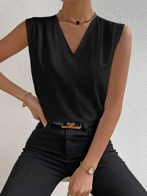 Black Casual Collar Sleeveless Fabric Plain Top Embellished Non-Stretch  Women Clothing Sleeveless Work Outfit, Sleeveless Blouse Outfit, Black Summer Outfits, Outfits Fo, Classic Clothes, Sleeveless Tops Summer, Tank Top Outfits, Outfit Mujer, Women Blouses