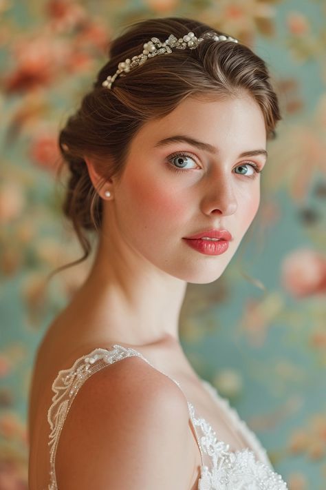 Make Up Bride Natural, Vintage Bridal Updo, Bridgerton Inspired Makeup, Bridal Hair Vintage, Vintage Bridal Makeup, Romantic Wedding Makeup, Christian Bride, Classic Wedding Hair, Wedding Makeup Tutorial