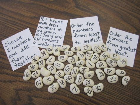 Bean activity for number sense...make numbers bigger...each bean is a digit...many possibilities to create games... Outdoor Maths, Reception Maths, Maths Eyfs, Year 1 Maths, Games To Make, Continuous Provision, Maths Area, Maths Games, Maths Ideas