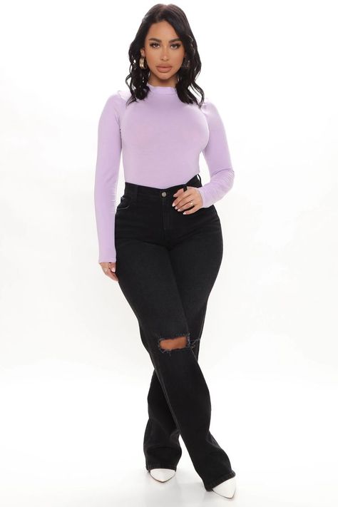 Lavender Shirt Outfit, Lavender Fashion, Lavender Shirt, Stephanie Rao, Beef Empanadas, Mock Neck Bodysuit, Fashion Nova Outfits, Early Spring Outfits, Classy Casual Outfits