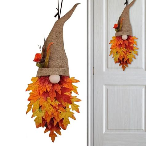 Welcome your harvest visitors with this beautiful Front Door Wreath. This gorgeous piece of Fall Decor is loaded with gnome, maple leaves and rests on a Sturdy and Beautiful plastic ring that insures it will last for multiple seasons. Ideal for indoor or outdoor placement in a window, on a wall at home or in the office. FEATURES This Fall wreath features a gnome in center, maple leaves in bright fall colors flowing from an mesh burlap base. Sunflowers and pumpkin add natural rustic appeal. Displ Door Gnome, Autumn Ambiance, Maple Leaf Wreath, Colorful Garland, Beautiful Front Doors, Harvest Wreath, Fall Garland, Artificial Leaf, Thanksgiving Wreaths