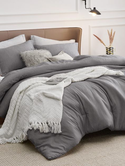 Dark Grey  Collar     Embellished  Fall,Spring,Summer,All Seasons Bedding Gray Bedding Bedroom Ideas, Comfy Bedding Ideas, Grey Duvet Cover Bedroom, Dark Grey Bedding Ideas, Grey Bedding Ideas Color Combinations, Bedsure Bedding, Grey Bedding Ideas, Grey Comforter Bedroom, Cream And Grey Bedroom