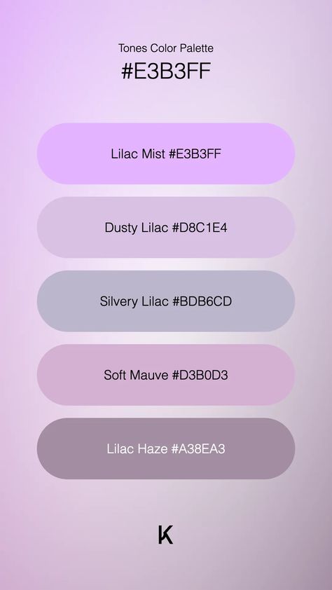 Tones Color Palette Lilac Mist #E3B3FF · Dusty Lilac #D8C1E4 · Silvery Lilac #BDB6CD · Soft Mauve #D3B0D3 · Lilac Haze #A38EA3 Lilac Colour Palette, Dusty Color Palette, Colour Codes, Mist Color, Dusty Lilac, Color Boards, Hex Color Palette, Aesthetic Color, Color Pallete